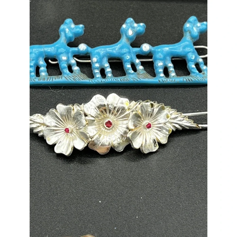 VTG Plastic POODLE‎ BIRDs FLOWERS Hair Clip Barrette 1950s Children - Set Of 3